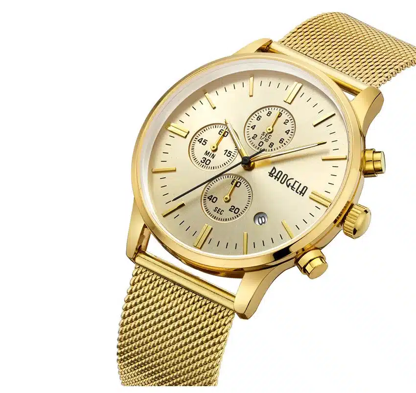 BAOGELA Chronograph Men's quartz-watch Stainless Steel Mesh Band Gold Watches Slim Men Watches Multi-function Sports Wristwatch 20