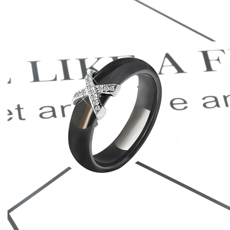 Fashion Jewelry Women Ring With AAA Crystal 6 mm X Cross Ceramic Rings For Women Men Plus Big Size 10 11 12 Wedding Ring Gift 19