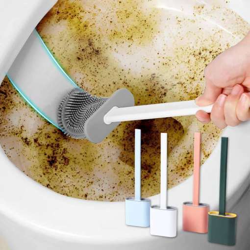 paindlik silikoonist wc-poti hari puhastamas määrdunud pinda, kõrval erinevad värvivalikud