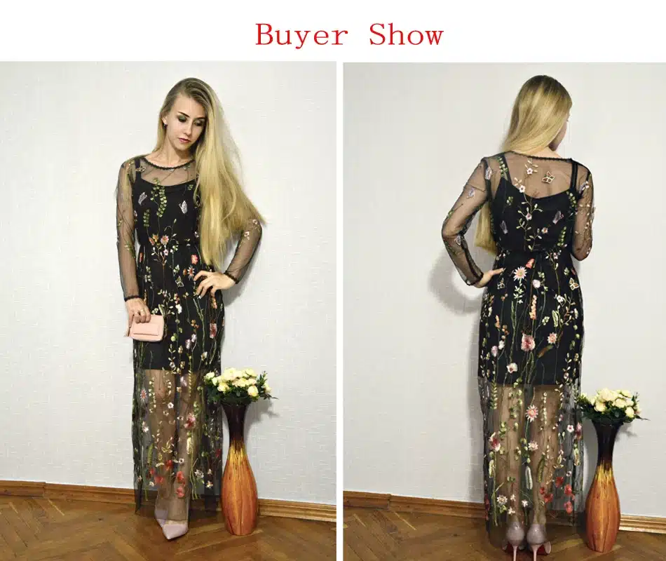 LERFEY Women Embroidery Flower Casual Dress Summer Two Piece Mesh Maxi Dress Black Dresses Long Sexy Dress Clothing Vestidos 11