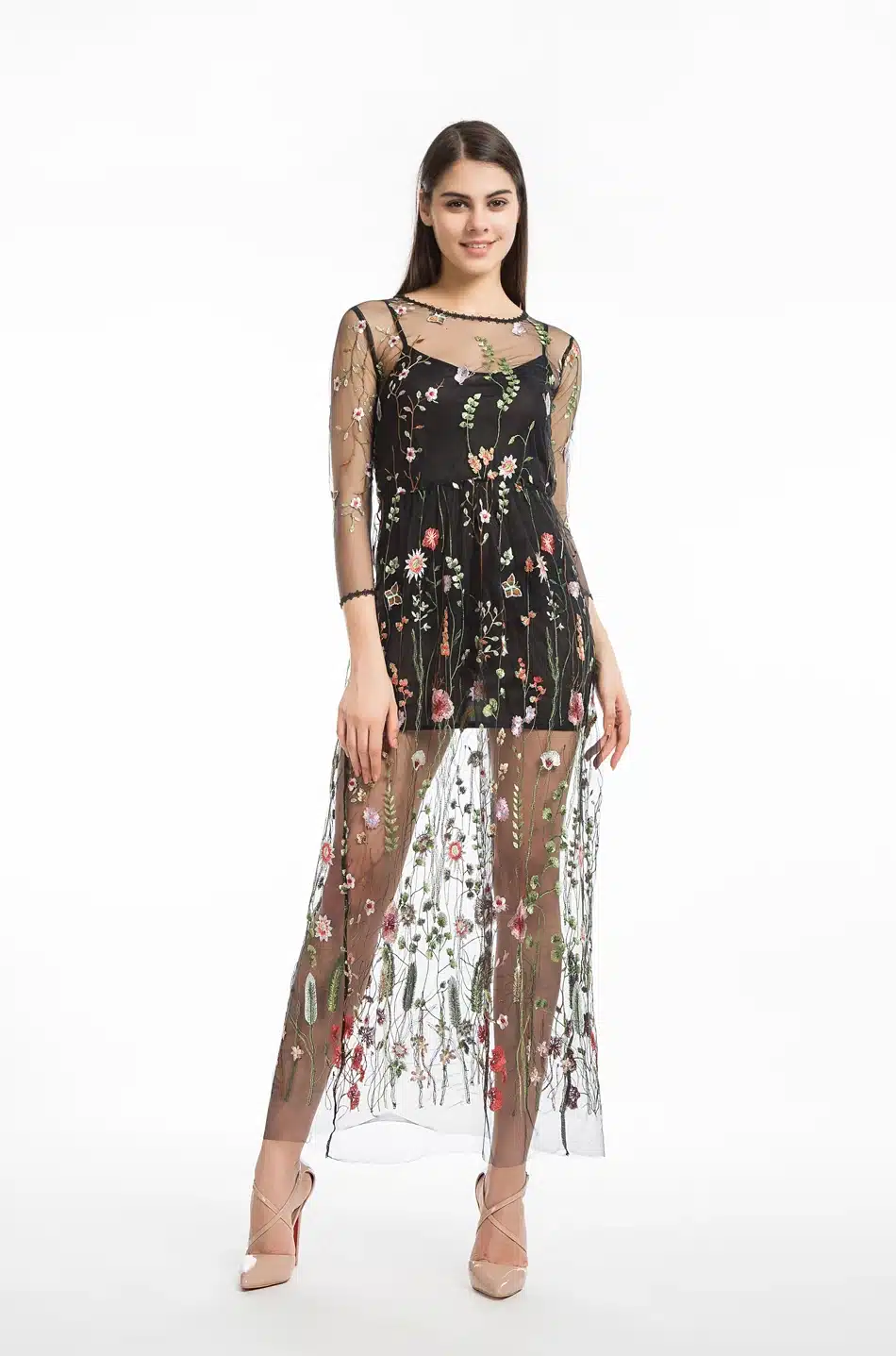 LERFEY Women Embroidery Flower Casual Dress Summer Two Piece Mesh Maxi Dress Black Dresses Long Sexy Dress Clothing Vestidos 13