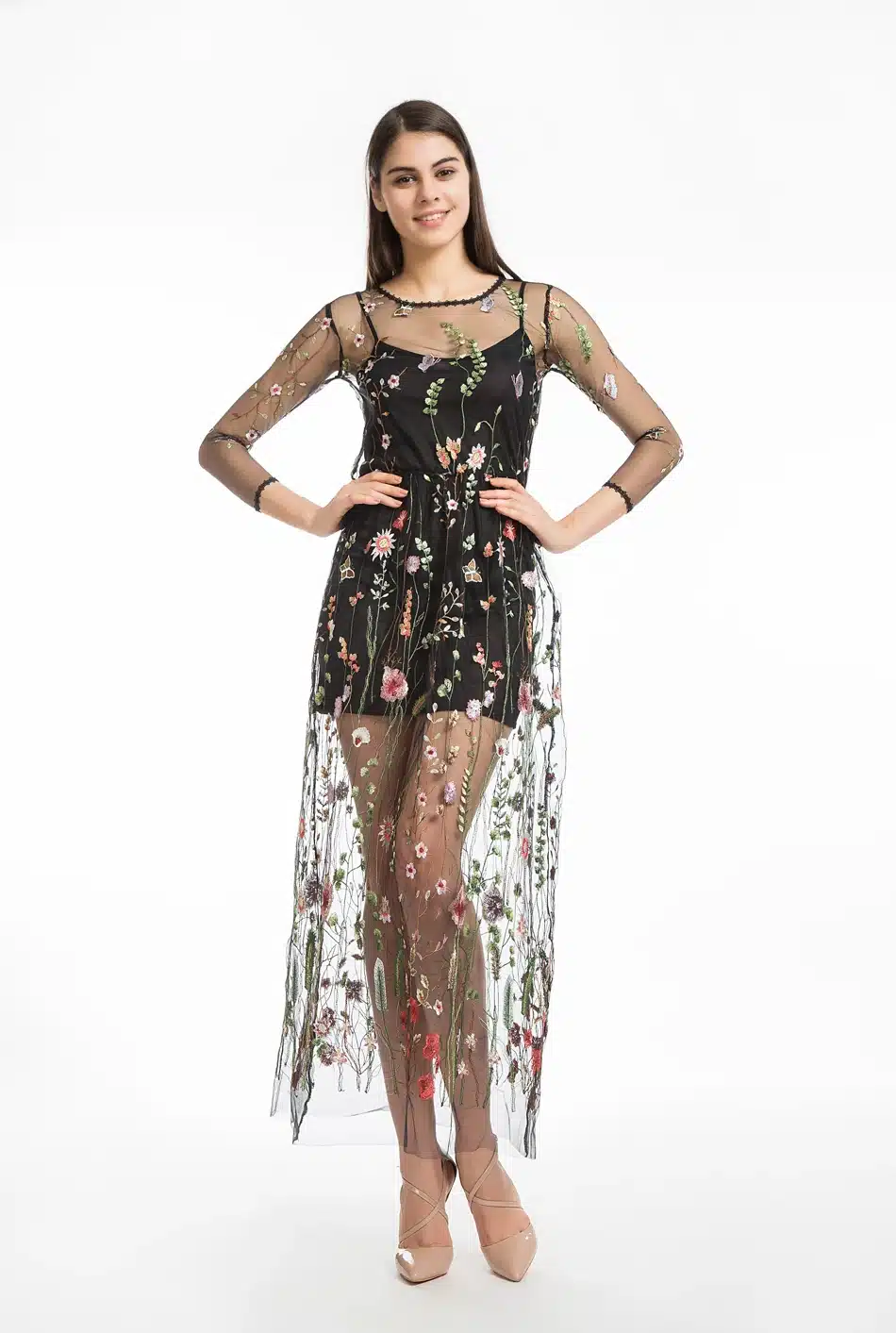 LERFEY Women Embroidery Flower Casual Dress Summer Two Piece Mesh Maxi Dress Black Dresses Long Sexy Dress Clothing Vestidos 17