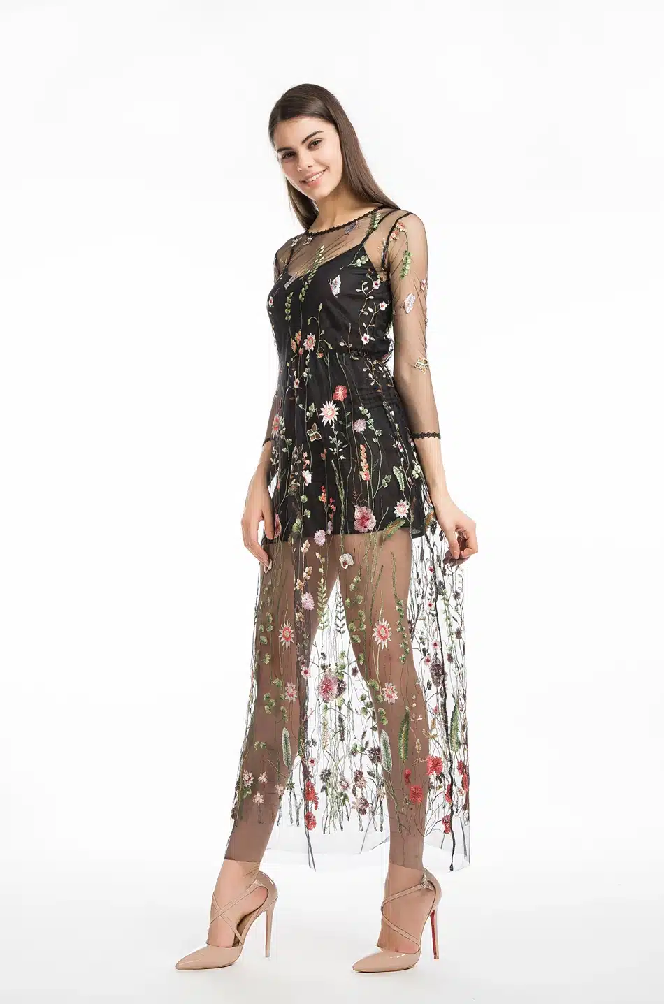 LERFEY Women Embroidery Flower Casual Dress Summer Two Piece Mesh Maxi Dress Black Dresses Long Sexy Dress Clothing Vestidos 19