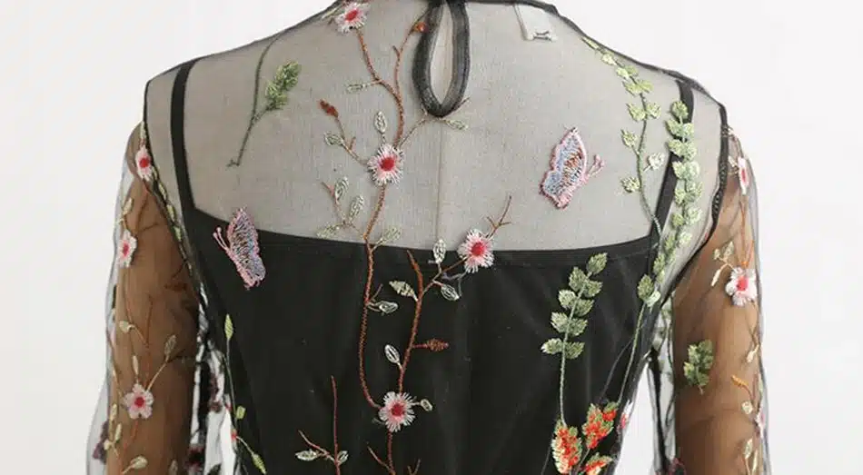 LERFEY Women Embroidery Flower Casual Dress Summer Two Piece Mesh Maxi Dress Black Dresses Long Sexy Dress Clothing Vestidos 29