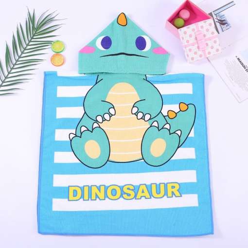 sinine laste rannarätik dinosaurusmustriga ja kapuutsiga