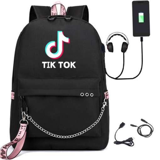 must seljakott tik toki logoga, roosade detailidega ja ketiga