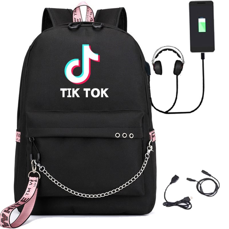 must seljakott tik toki logoga, roosade detailidega ja ketiga