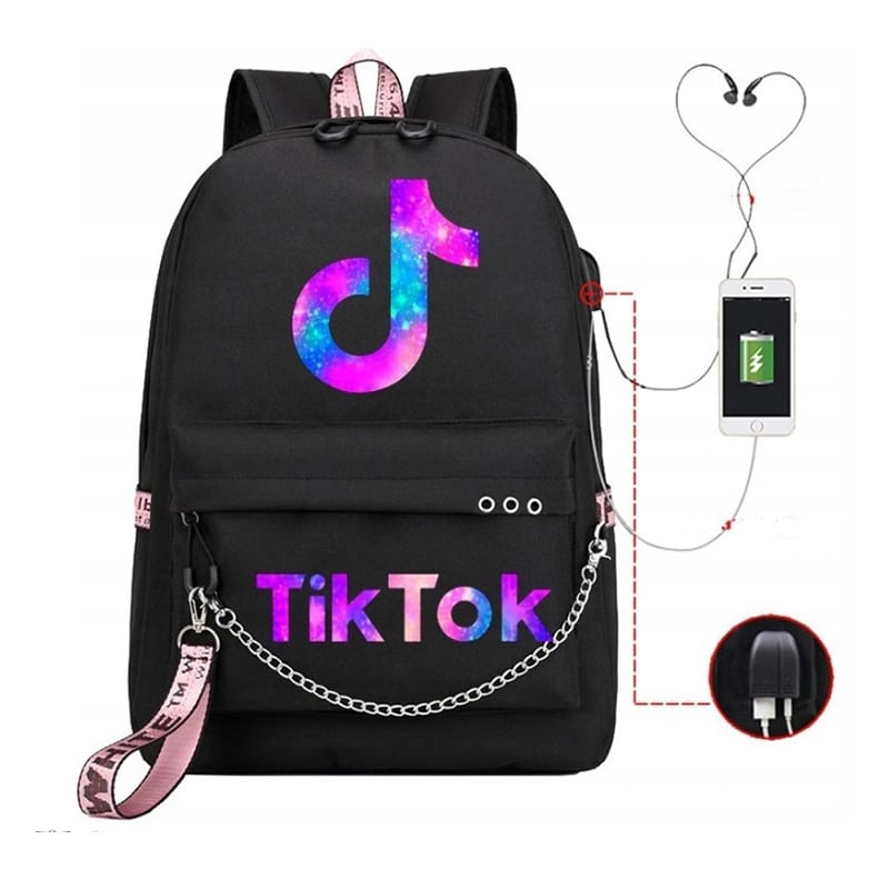 must seljakott TikToki logoga, millel on USB laadimisvõimalus