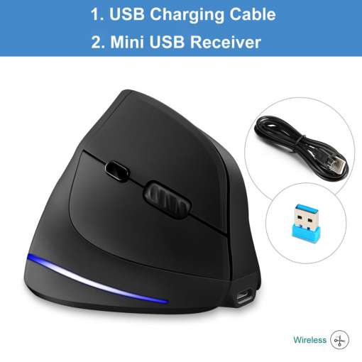must juhtmevaba vertikaalne arvutihiir koos USB laadimiskaabli ja mini USB vastuvõtjaga