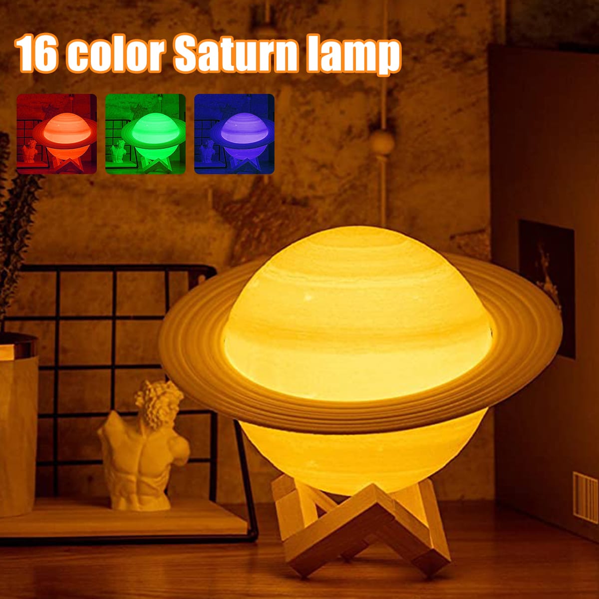 kollane 3D laualamp, mis meenutab Saturni planeeti, puidust alusel