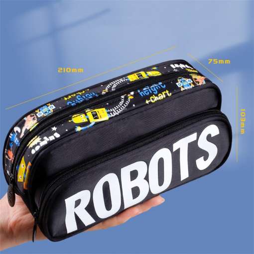 must pinal valgete suurte kirjadega ja robotite piltidega