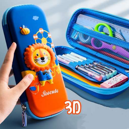 sinine ja oranž pinal lõvi 3D kujutisega, avatud pinalis pliiatsid ja käärid