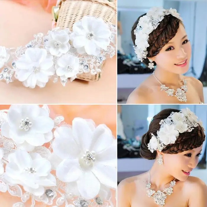 Romantic Wedding Hair Accessories For Bridal White Lace Flowers Crystal Pearl Headbands Headdress Women Tiara Hair Jewelry SL 1