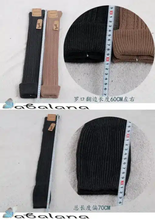 Pildil on kaks paari kootud mustriga ülepõlve põlvikuid, üks pruun ja teine must, koos mõõdulindiga, mis näitab pikkust. Põlvikud on paigutatud heledale taustale.