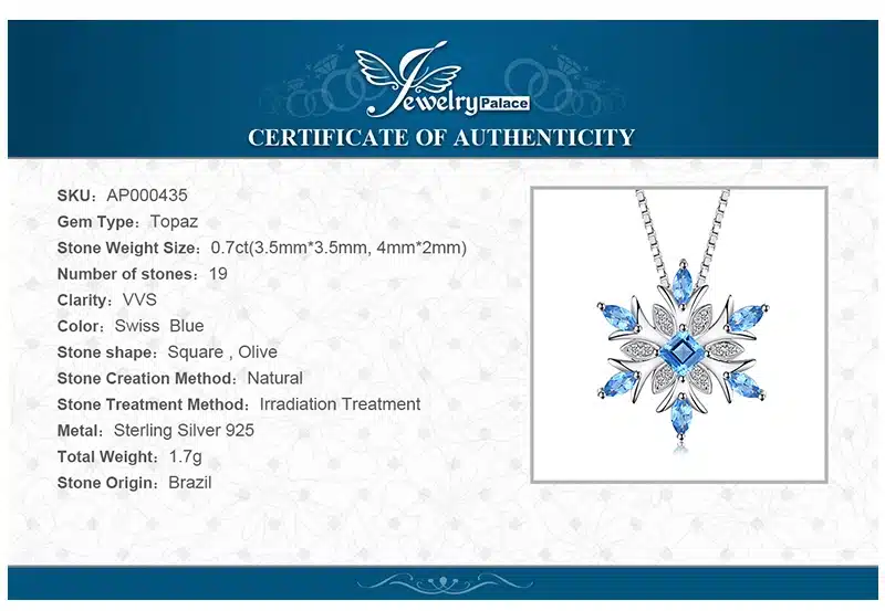 JewelryPalace Snowflake Genuine Swis Blue Topaz Solid 925 Sterling Silver Pendant Fine Jewelry for women Not Include the Chain 28