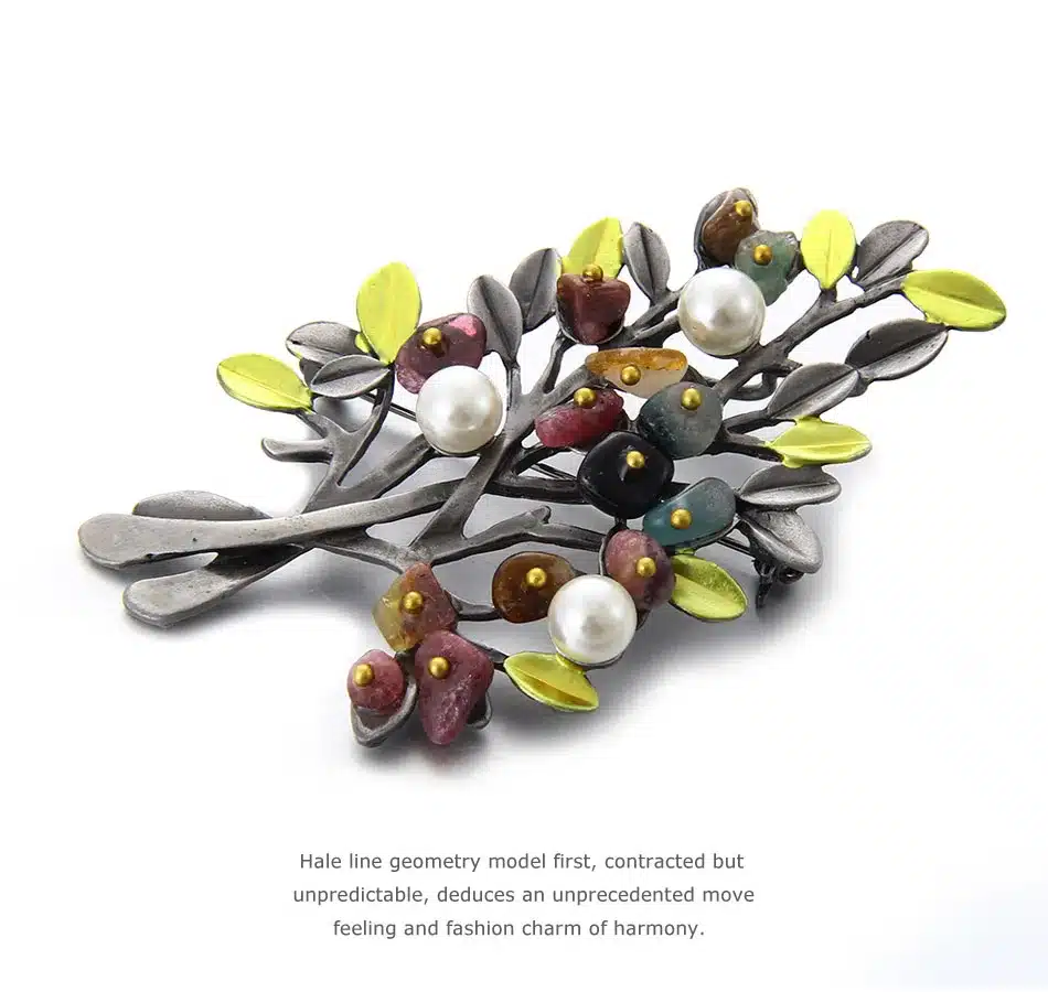 MloveAcc Vintage Natural Stone Brooch Pendant Retro Tree Shape Imitation Pearl Pins Brooches Jewelry for Women Christmas Gift 12