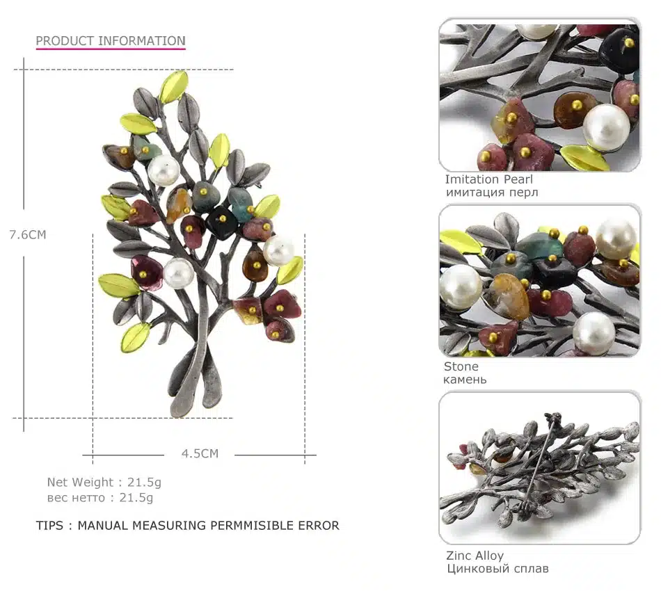 MloveAcc Vintage Natural Stone Brooch Pendant Retro Tree Shape Imitation Pearl Pins Brooches Jewelry for Women Christmas Gift 13