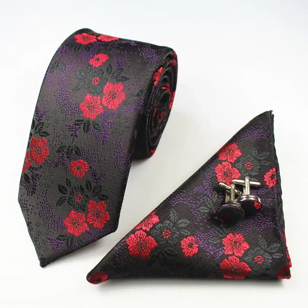 RBOCOTT New Designs Fashion Floral Ties 7cm Mens Tie Silk Jacquard Neck Ties Pocket Square Cufflinks Set For Wedding Party Suit 46
