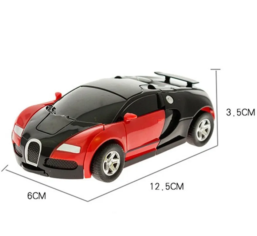 must ja punane transformeeruv auto-robot, mõõtmetega 12,5 cm pikk, 6 cm lai ja 3,5 cm kõrge