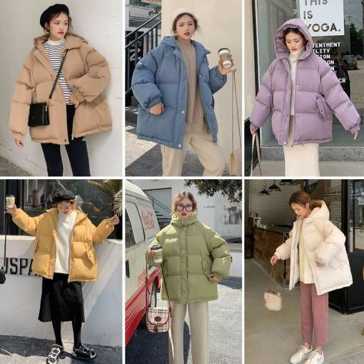 kuus naist erinevates oversized jopedes, värvides beež, sinine, lilla, kollane, roheline ja valge