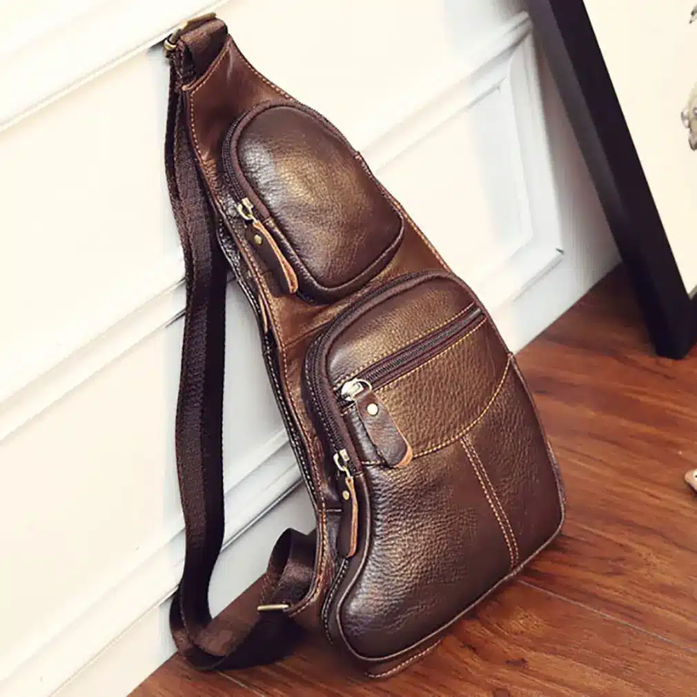 High Quality Men Genuine Leather Cowhide Vintage Sling Chest Back Day Pack Travel fashion Cross Body Messenger Shoulder Bag 18