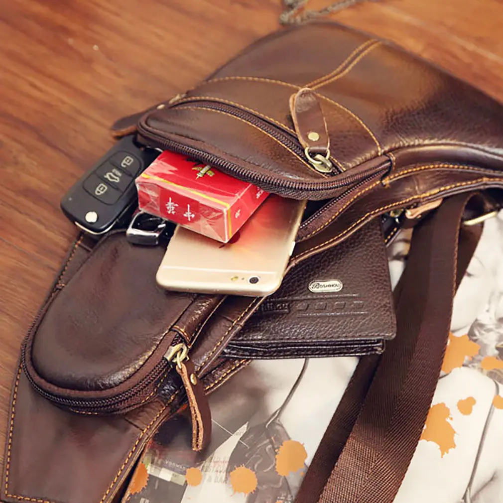 High Quality Men Genuine Leather Cowhide Vintage Sling Chest Back Day Pack Travel fashion Cross Body Messenger Shoulder Bag 22