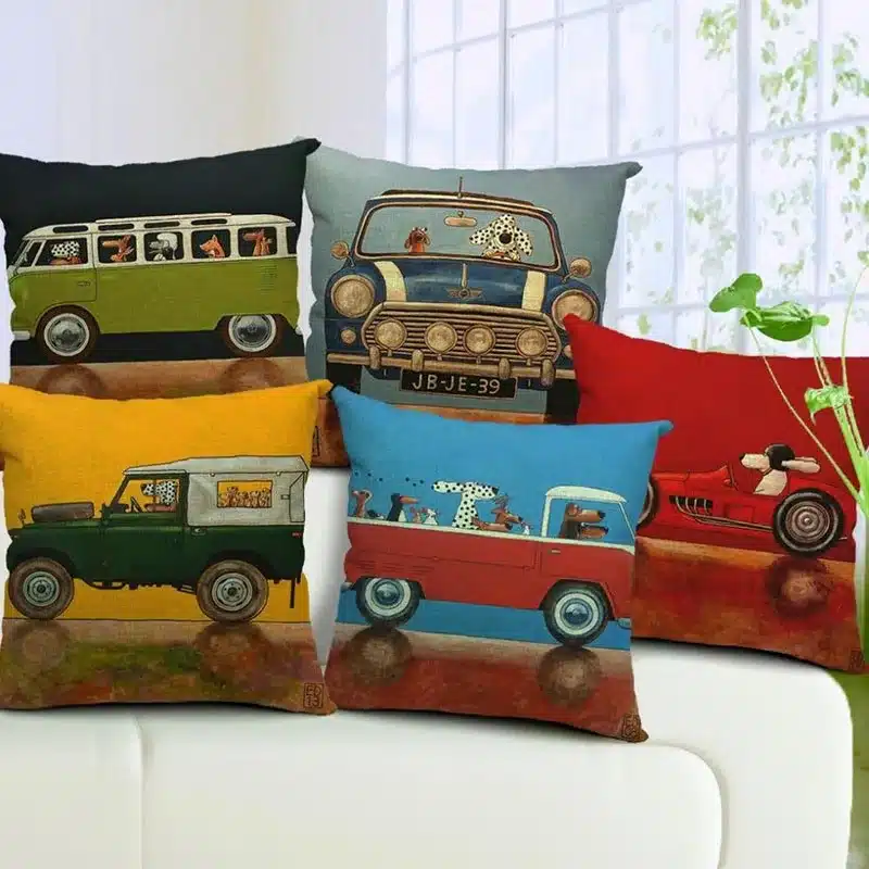 Hot Sale Pillow Lovely Cartoon Dog Driving Car Vintage Almofadas 45X45CM Linen Pillow Decorative Linen Cushion Cover 13