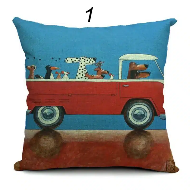 Hot Sale Pillow Lovely Cartoon Dog Driving Car Vintage Almofadas 45X45CM Linen Pillow Decorative Linen Cushion Cover 14