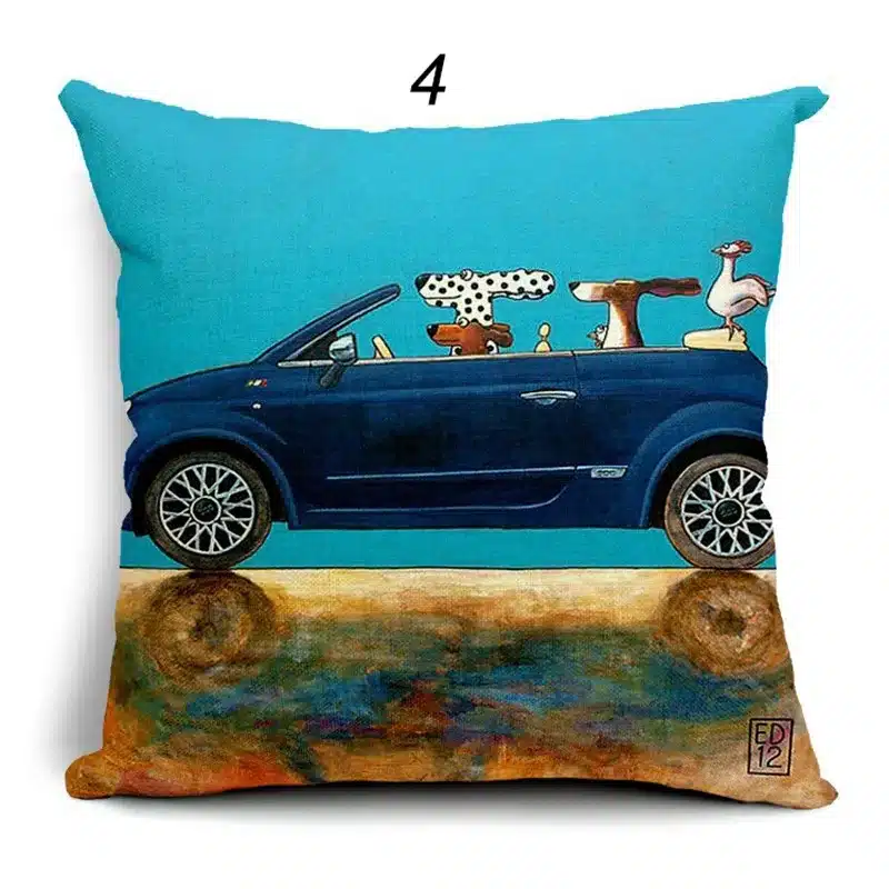 Hot Sale Pillow Lovely Cartoon Dog Driving Car Vintage Almofadas 45X45CM Linen Pillow Decorative Linen Cushion Cover 17