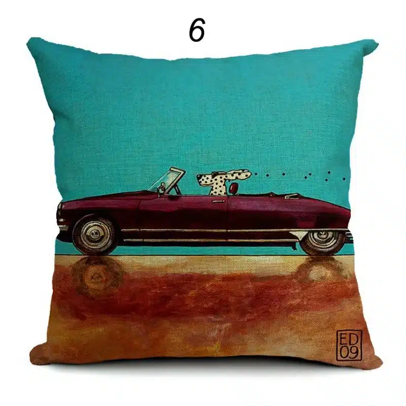Hot Sale Pillow Lovely Cartoon Dog Driving Car Vintage Almofadas 45X45CM Linen Pillow Decorative Linen Cushion Cover 19