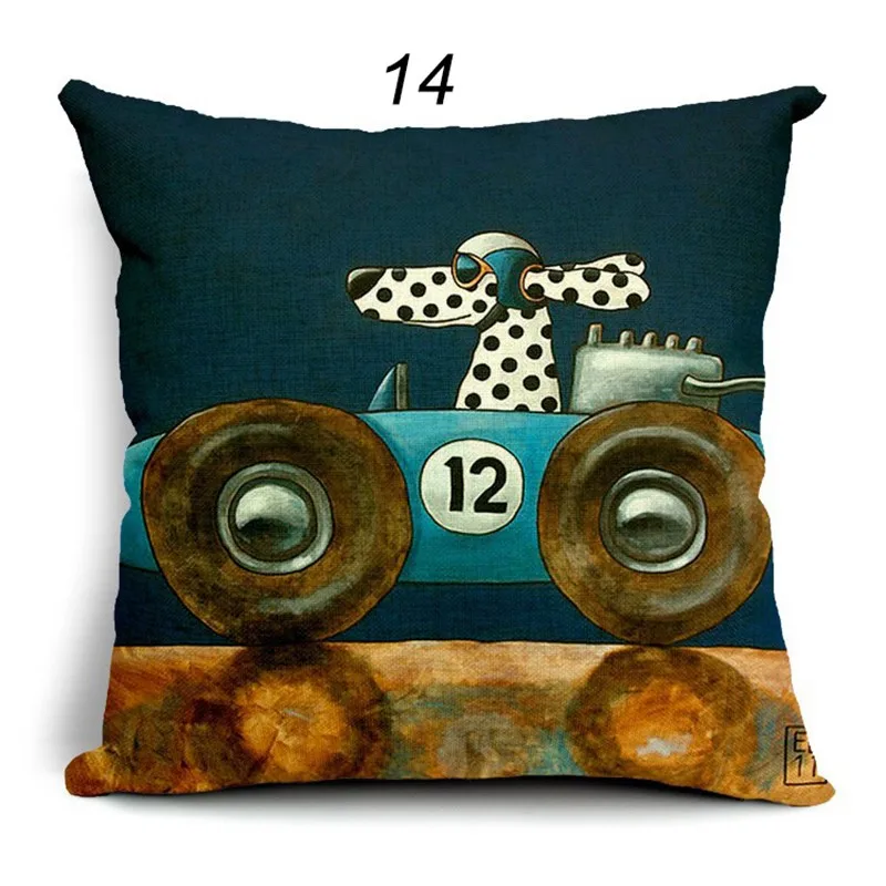 Hot Sale Pillow Lovely Cartoon Dog Driving Car Vintage Almofadas 45X45CM Linen Pillow Decorative Linen Cushion Cover 27