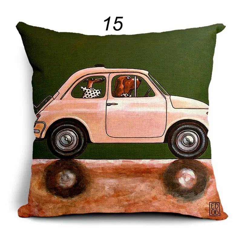 Hot Sale Pillow Lovely Cartoon Dog Driving Car Vintage Almofadas 45X45CM Linen Pillow Decorative Linen Cushion Cover 28