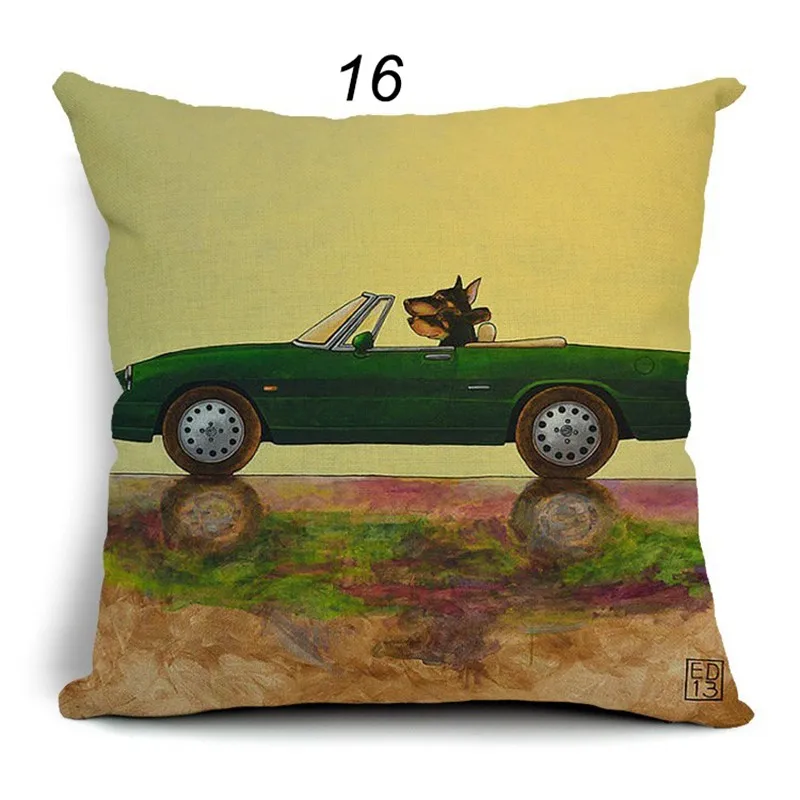 Hot Sale Pillow Lovely Cartoon Dog Driving Car Vintage Almofadas 45X45CM Linen Pillow Decorative Linen Cushion Cover 29