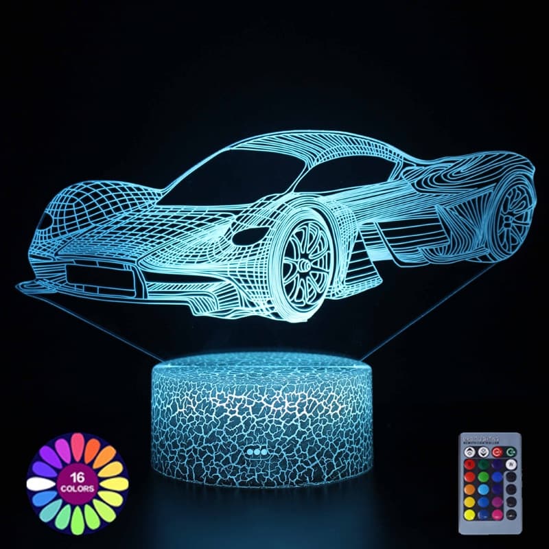 3D efektiga auto kujuline öölamp, millel on 16 värvi ja kaugjuhtimispult