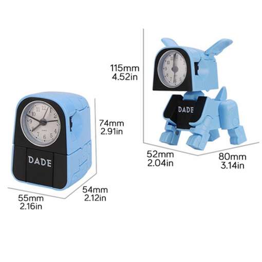sinine ja must transformeeruv äratuskell, mis muutub robotkoeraks