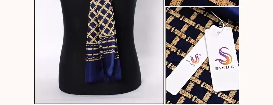 [BYSIFA] Men Black Gold Silk Scarves Winter Fashion Accessories 100% Natural Silk Male Plaid Long Scarves Cravat 160*26cm 15