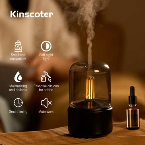 klaasist kaasaskantav aroomihajuti, mille sees on LED valgus ja kõrval väike pudel eeterliku õliga