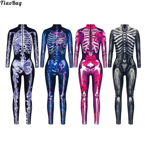 neli erinevat naiste bodysuiti skeleti mustriga, erinevates värvides
