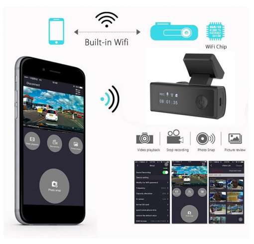 must kompaktne autokaamera koos wifi ühenduvusega ja nutitelefoni ekraanil kuvatud rakendusega