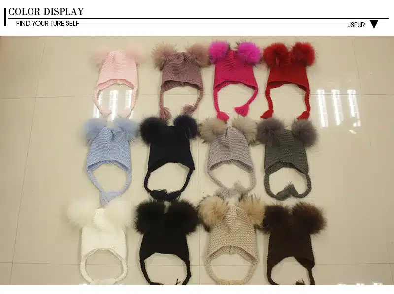 12 Colors Kids Winter Warm Crochet Tassel Hat for Girls Real Fur Pompom Cap Autumn Skullies Beanies Boys Knit Caps 3