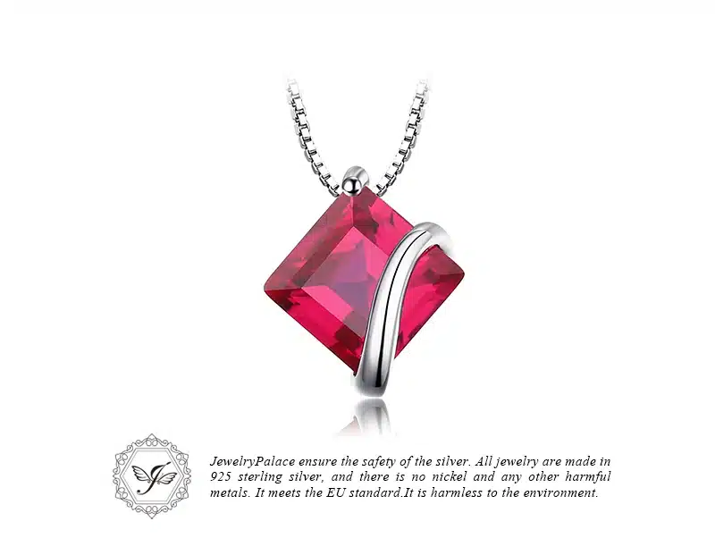 JewelryPalace Classic Square 3.3ct Created Red Ruby Pendant Charm 925 Sterling Silver Brand Wedding Fine Jewelry Without a Chain 19