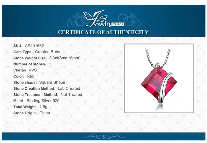 JewelryPalace Classic Square 3.3ct Created Red Ruby Pendant Charm 925 Sterling Silver Brand Wedding Fine Jewelry Without a Chain 23