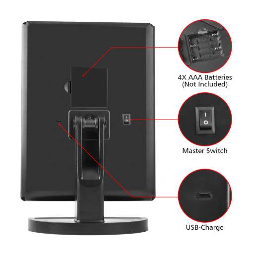 must peegel LED valgustuse ja suurendusega, tagaküljel lüliti ja USB laadimisport