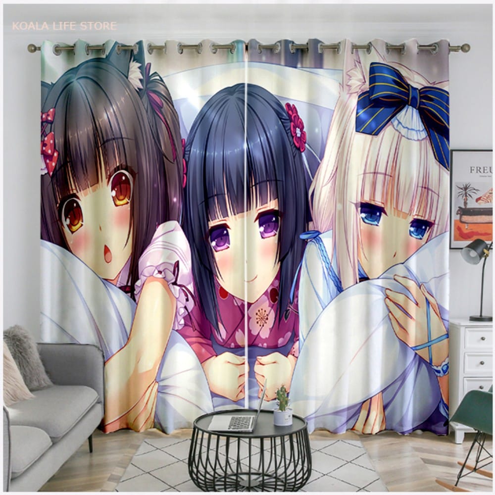 kardinad anime stiilis tegelastega, kolm tüdrukut pastelltoonides