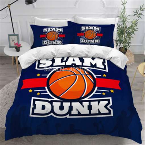 tumesinine voodipesukomplekt korvpalli ja slam dunk tekstiga