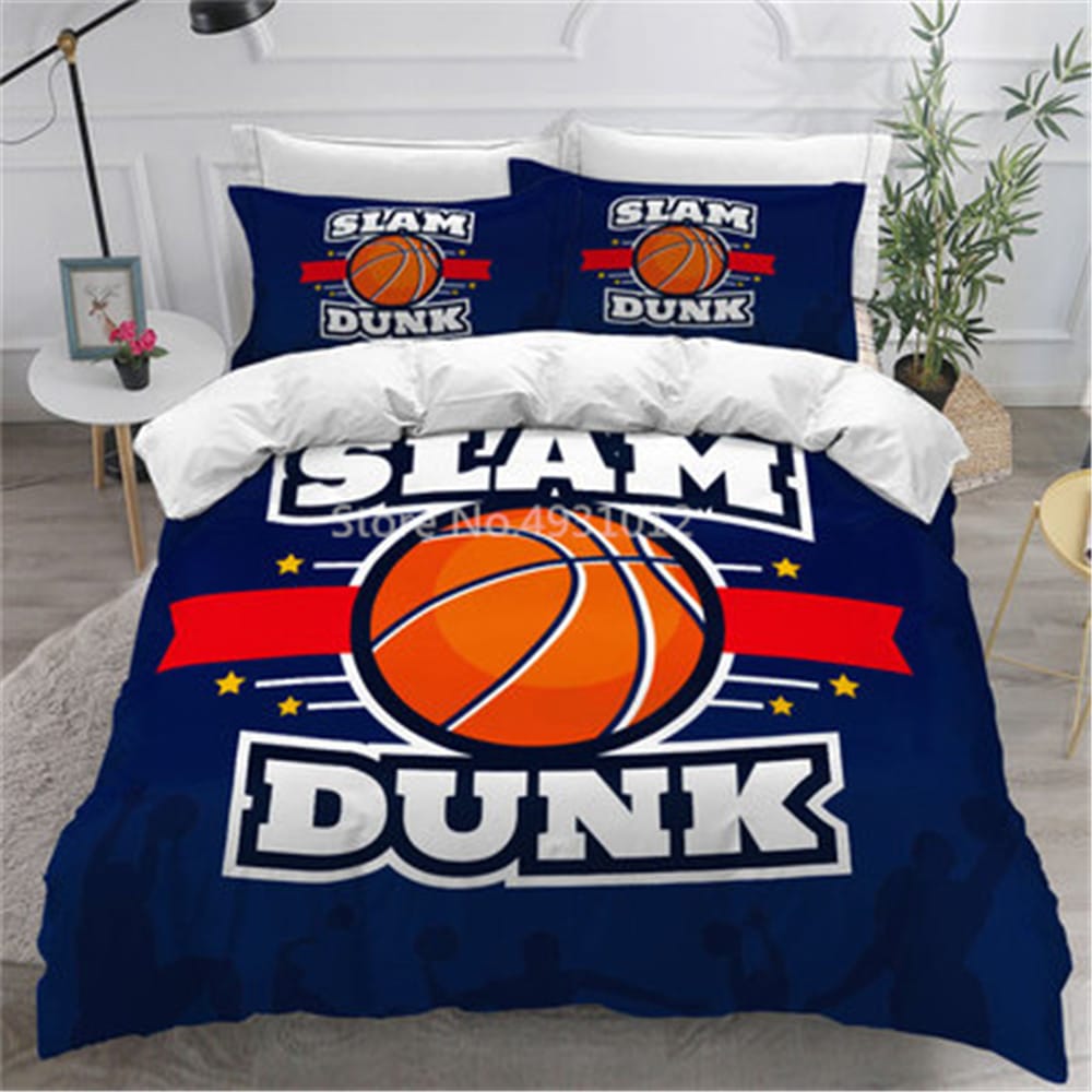 tumesinine voodipesukomplekt korvpalli ja slam dunk tekstiga