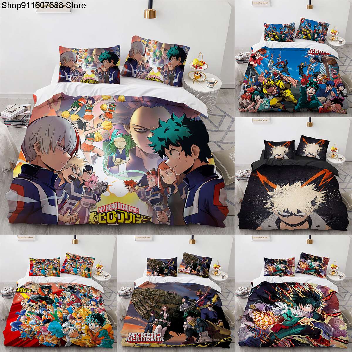 voodipesukomplektid anime tegelastega, erksad värvid ja mitmekesine kujundus