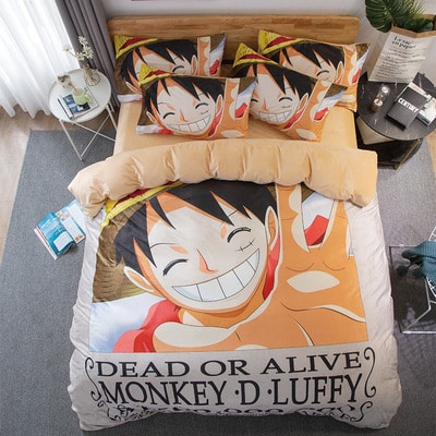 voodipesukomplekt anime tegelase pildiga, helepruun ja värviline disain