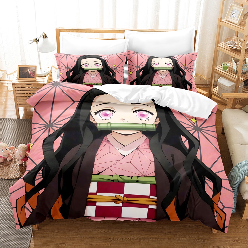 voodipesukomplekt anime tegelase kujutisega roosadel ja mustadel toonidel