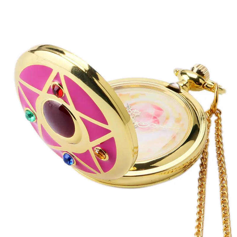 Golden Sailor Moon Theme Necklace Pendant Quartz Pocket Watch With Necklace Chain Girl Gift Free Shipping 6